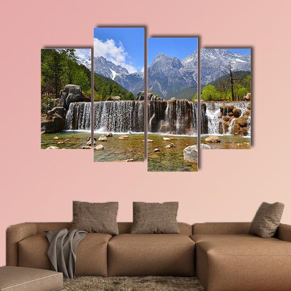 The Valley of Waterfall at Alpine Mountain Multi panel canvas wall art