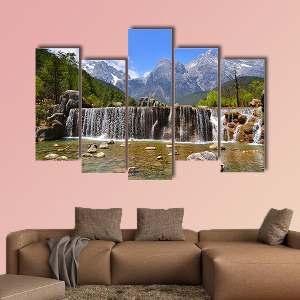 The Valley of Waterfall at Alpine Mountain Multi panel canvas wall art