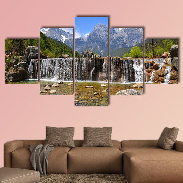 The Valley of Waterfall at Alpine Mountain Multi panel canvas wall art