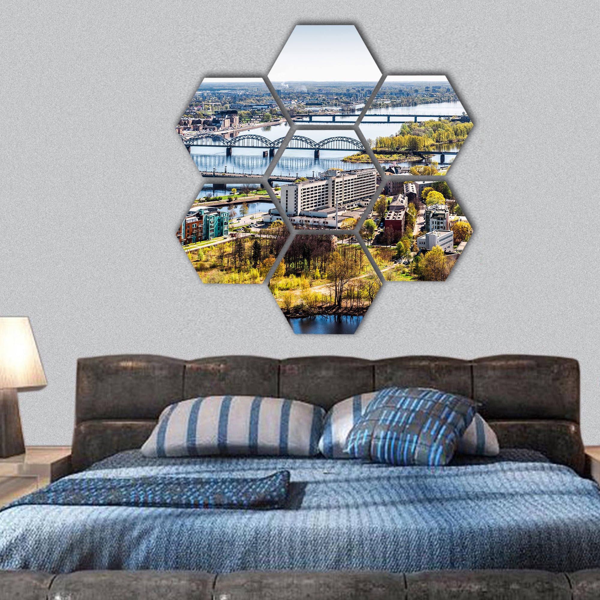 Panorama of Riga city Latvia hexagonal canvas wall art