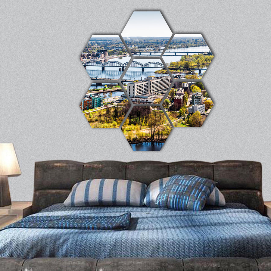 Panorama of Riga city Latvia hexagonal canvas wall art