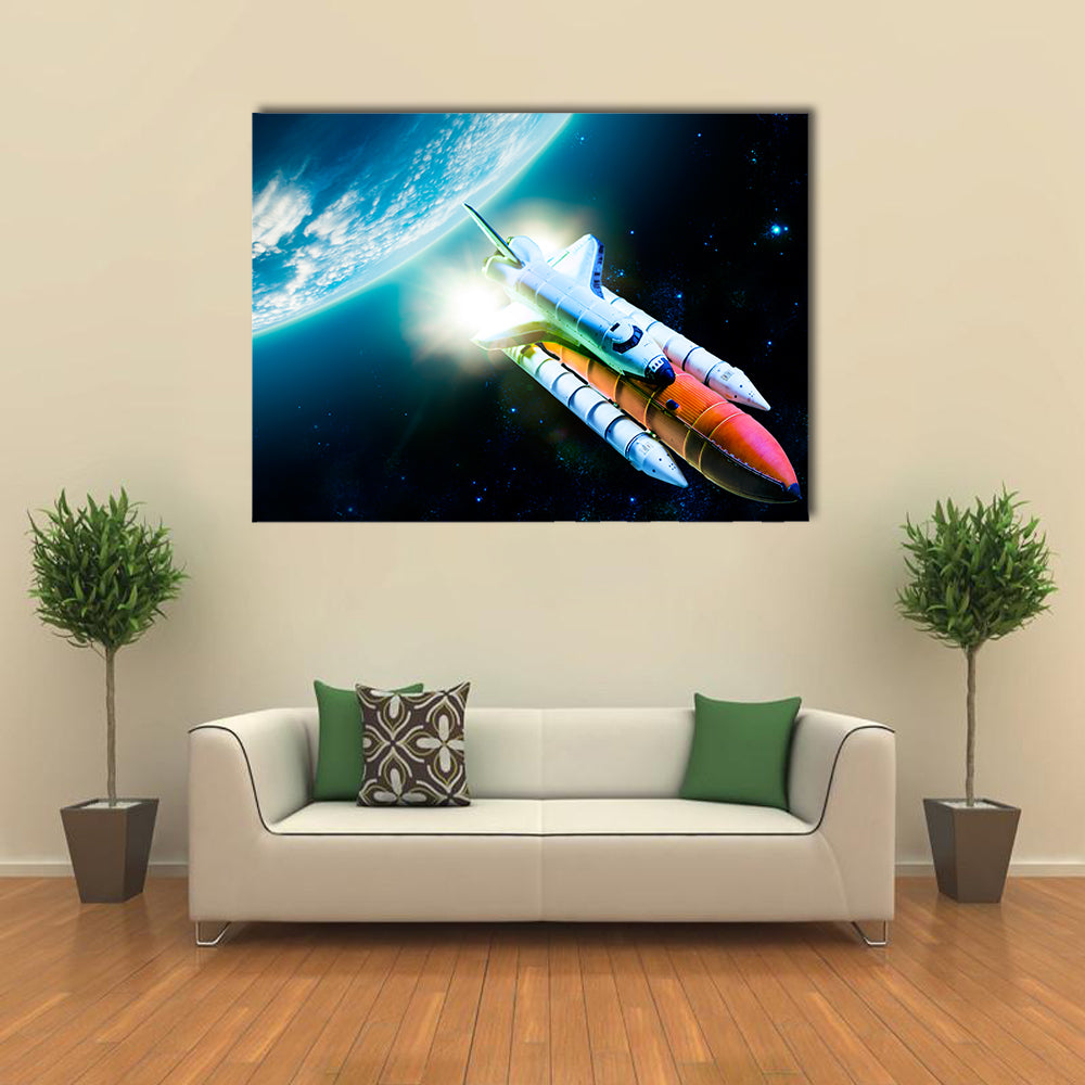Space Shuttle Taking Off For A Mission Behind The Earth Multi Panel Canvas Wall Art