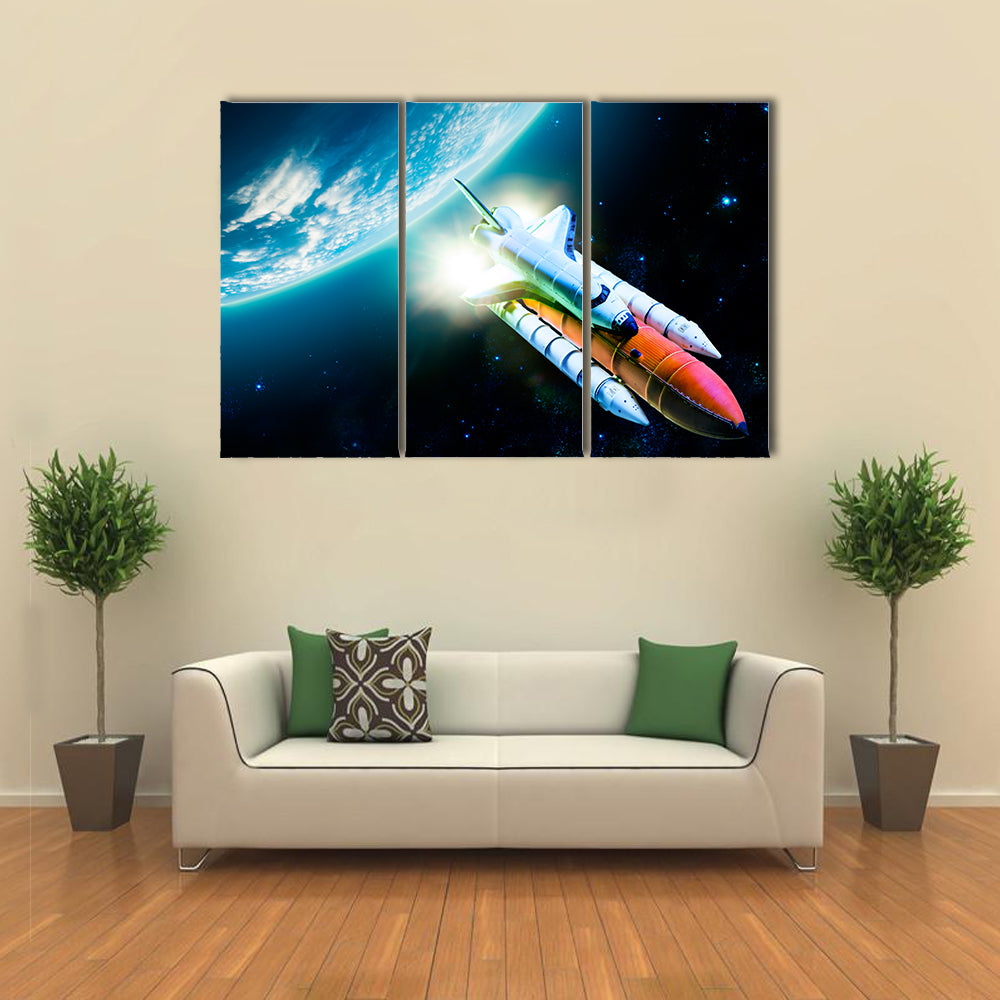 Space Shuttle Taking Off For A Mission Behind The Earth Multi Panel Canvas Wall Art