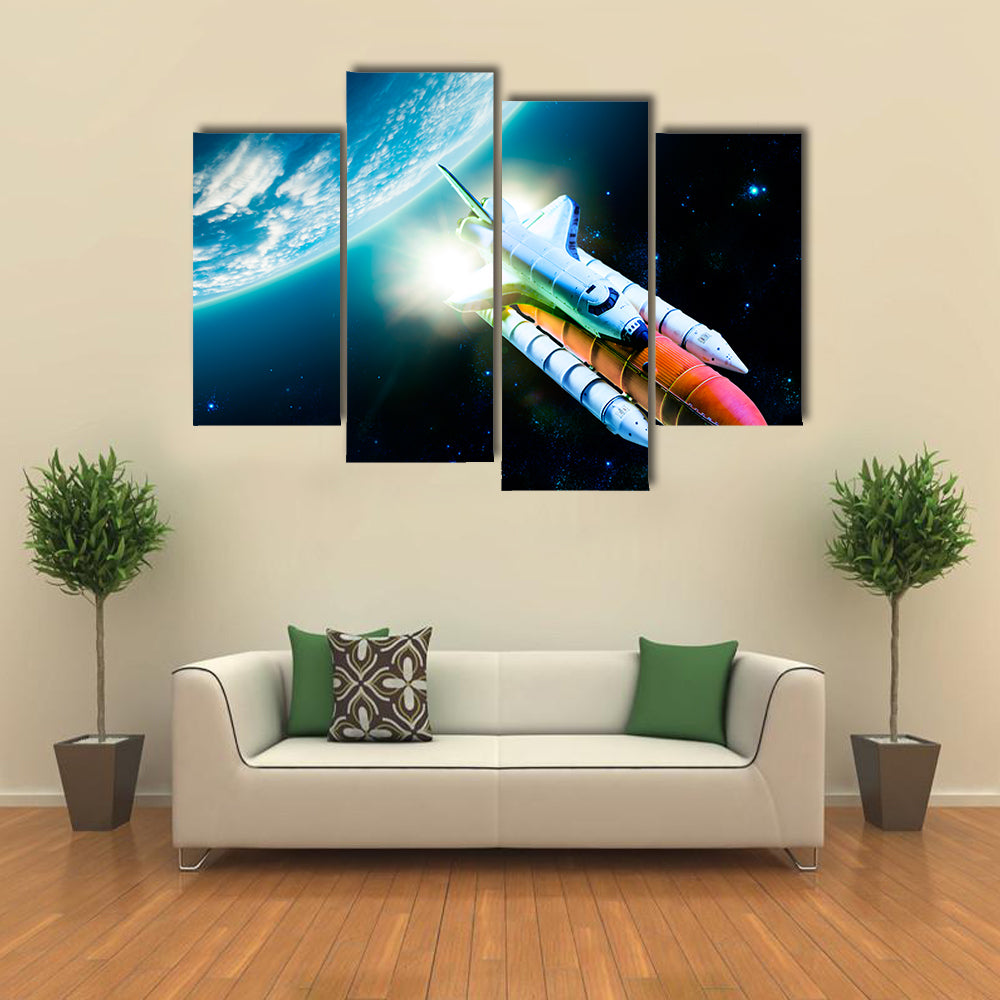 Space Shuttle Taking Off For A Mission Behind The Earth Multi Panel Canvas Wall Art