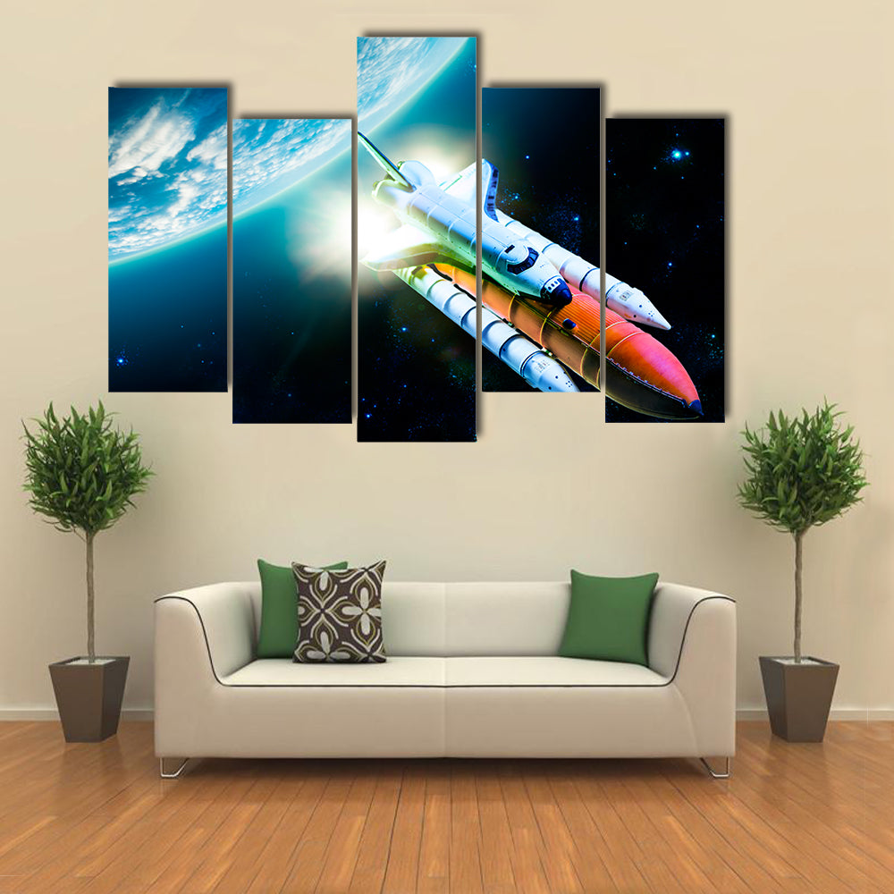 Space Shuttle Taking Off For A Mission Behind The Earth Multi Panel Canvas Wall Art
