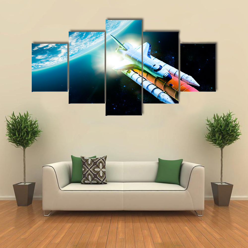 Space Shuttle Taking Off For A Mission Behind The Earth Multi Panel Canvas Wall Art