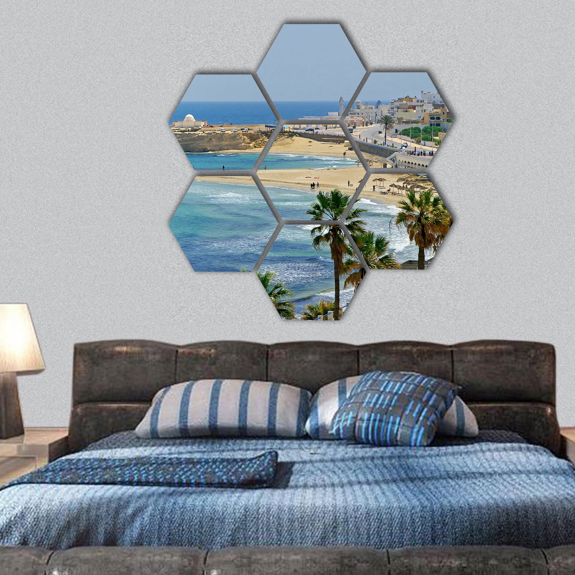 Quay in Monastir, Tunisia hexagonal canvas wall art