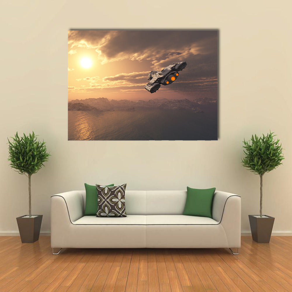 Science Fiction Spaceship Flying inside the Atmosphere of an Earth-like Planet at Sunset Multi Panel Canvas Wall Art