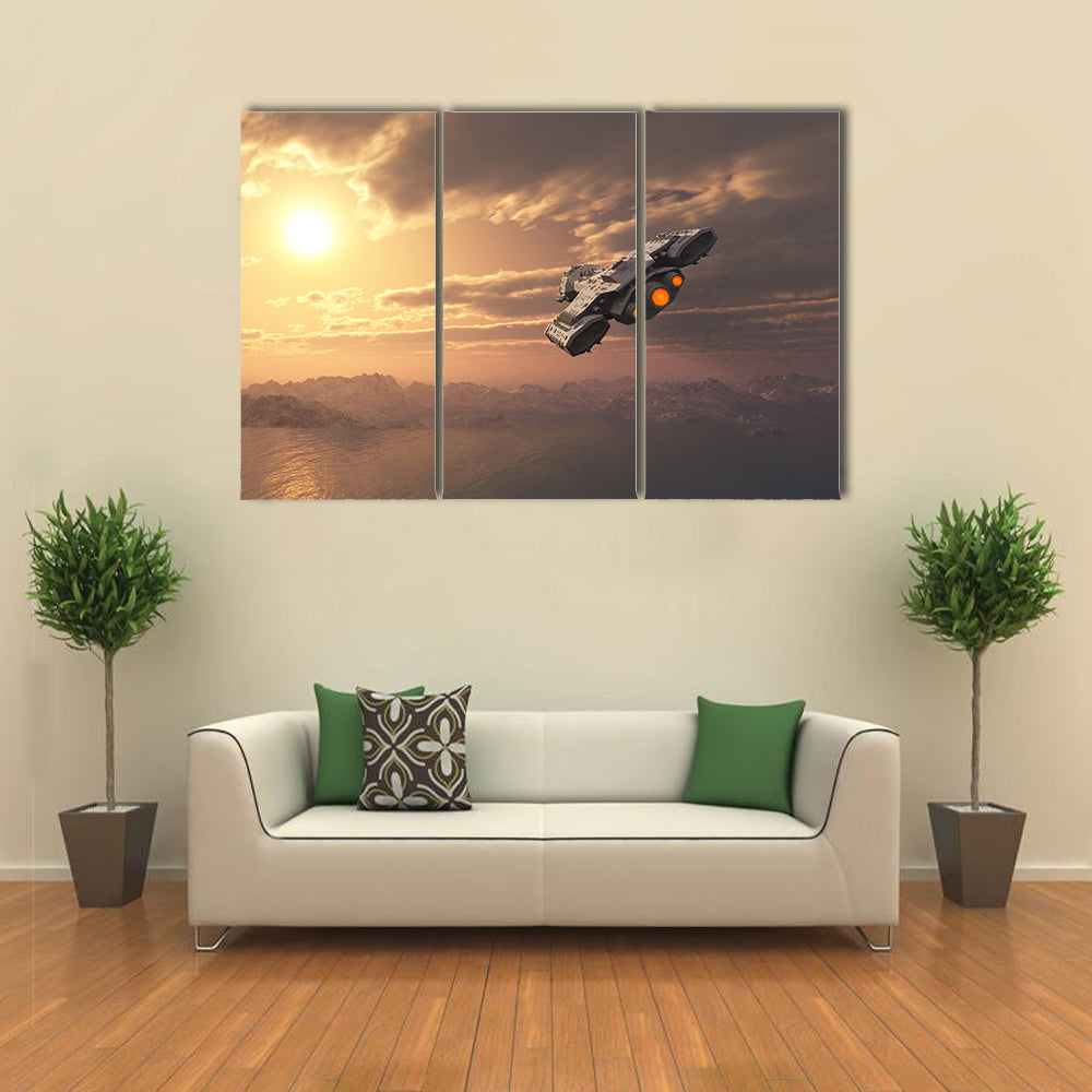 Science Fiction Spaceship Flying inside the Atmosphere of an Earth-like Planet at Sunset Multi Panel Canvas Wall Art