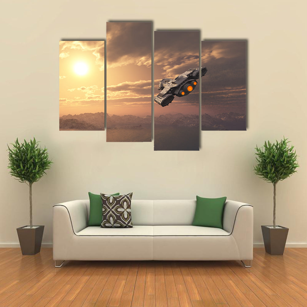 Science Fiction Spaceship Flying inside the Atmosphere of an Earth-like Planet at Sunset Multi Panel Canvas Wall Art