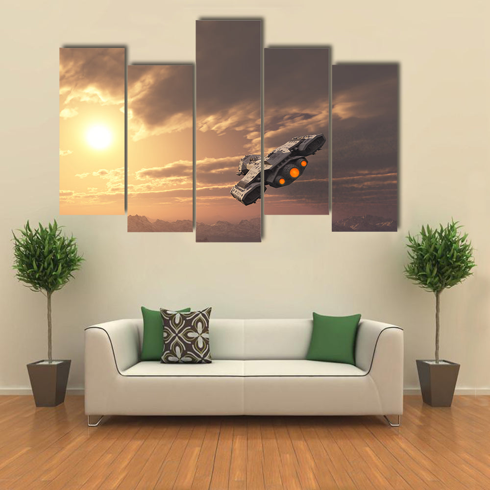 Science Fiction Spaceship Flying inside the Atmosphere of an Earth-like Planet at Sunset Multi Panel Canvas Wall Art