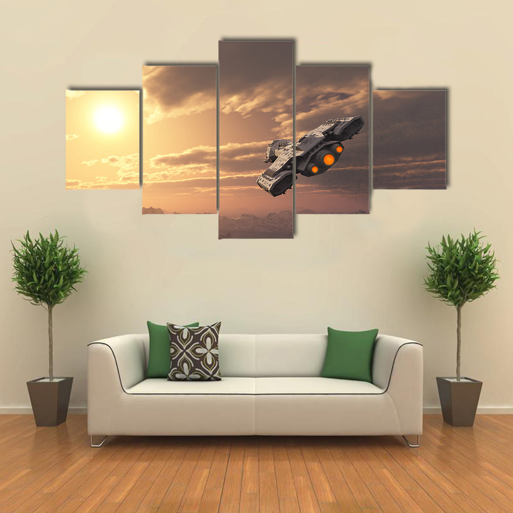 Science Fiction Spaceship Flying inside the Atmosphere of an Earth-like Planet at Sunset Multi Panel Canvas Wall Art