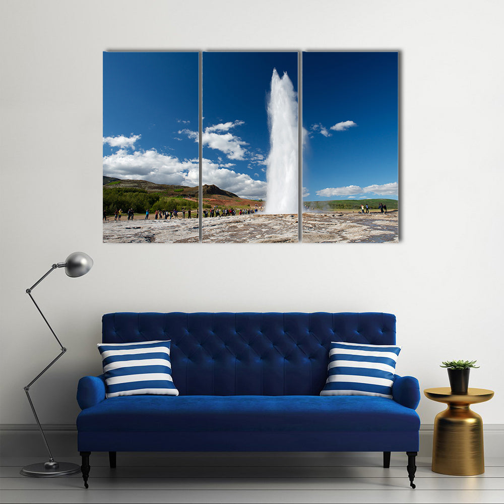eruption geysir, Strokkur, with tourists Golden circle, Iceland Multi Panel Canvas Wall Art