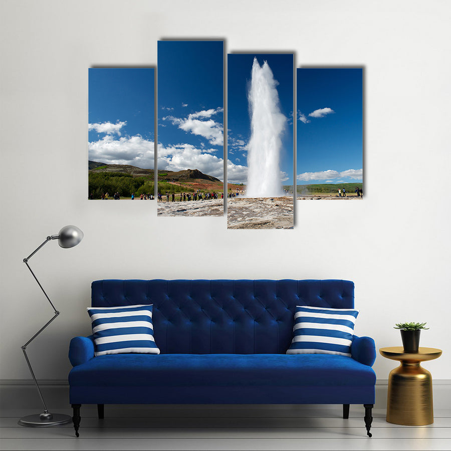 eruption geysir, Strokkur, with tourists Golden circle, Iceland Multi Panel Canvas Wall Art
