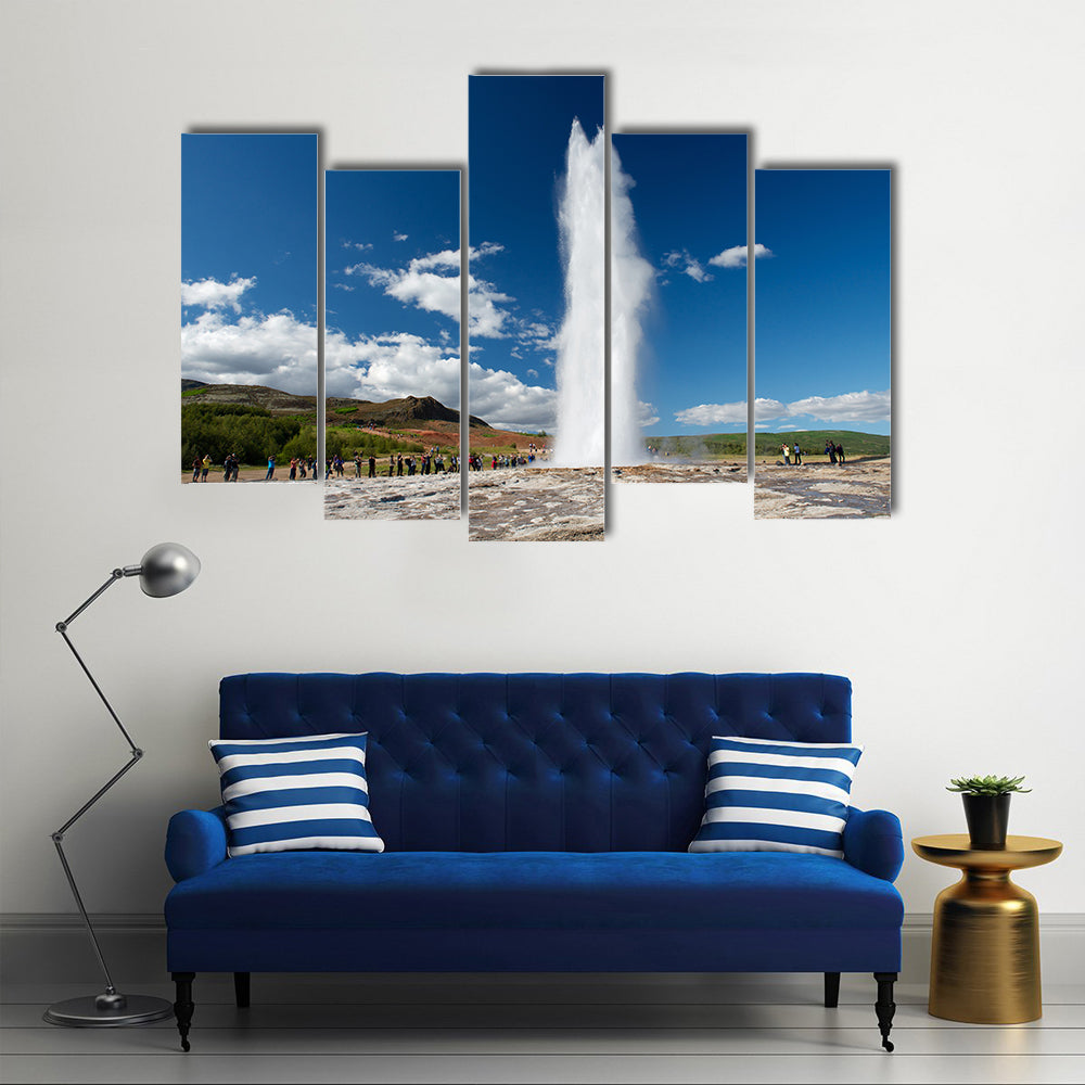 eruption geysir, Strokkur, with tourists Golden circle, Iceland Multi Panel Canvas Wall Art