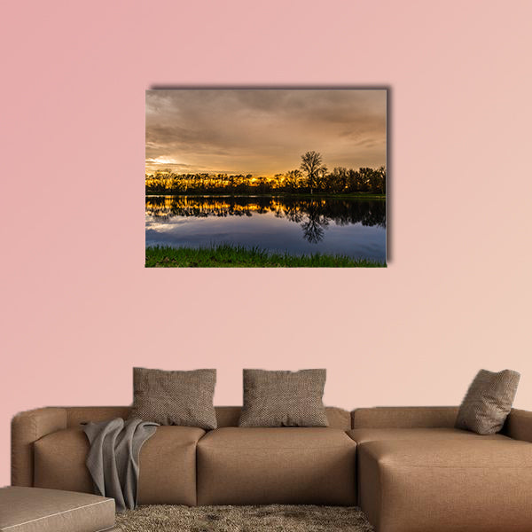 Beautiful sunset with a reflection over a small lake in Illinois Multi panel canvas wall art