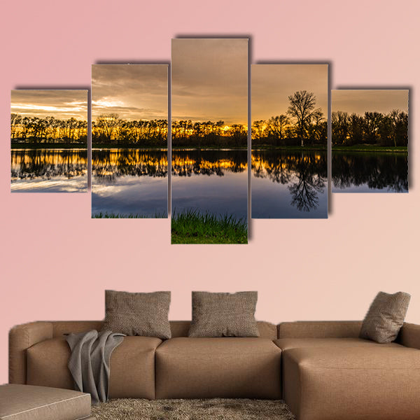 Beautiful sunset with a reflection over a small lake in Illinois Multi panel canvas wall art
