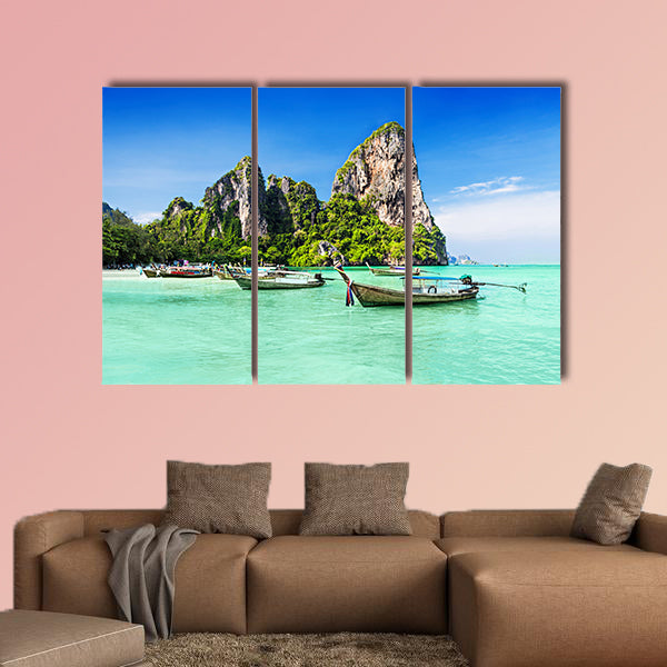 Longtale boats at the beautiful beach, Thailand Multi panel canvas wall art