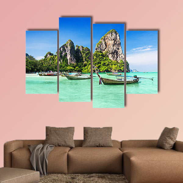 Longtale boats at the beautiful beach, Thailand Multi panel canvas wall art