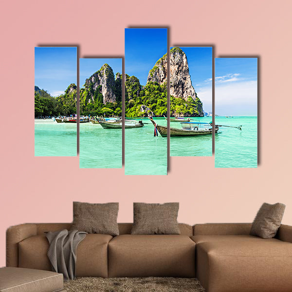 Longtale boats at the beautiful beach, Thailand Multi panel canvas wall art