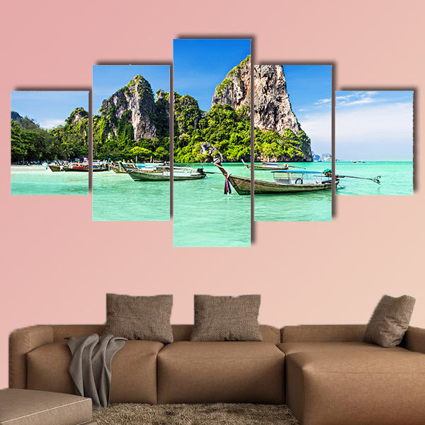 Longtale boats at the beautiful beach, Thailand Multi panel canvas wall art