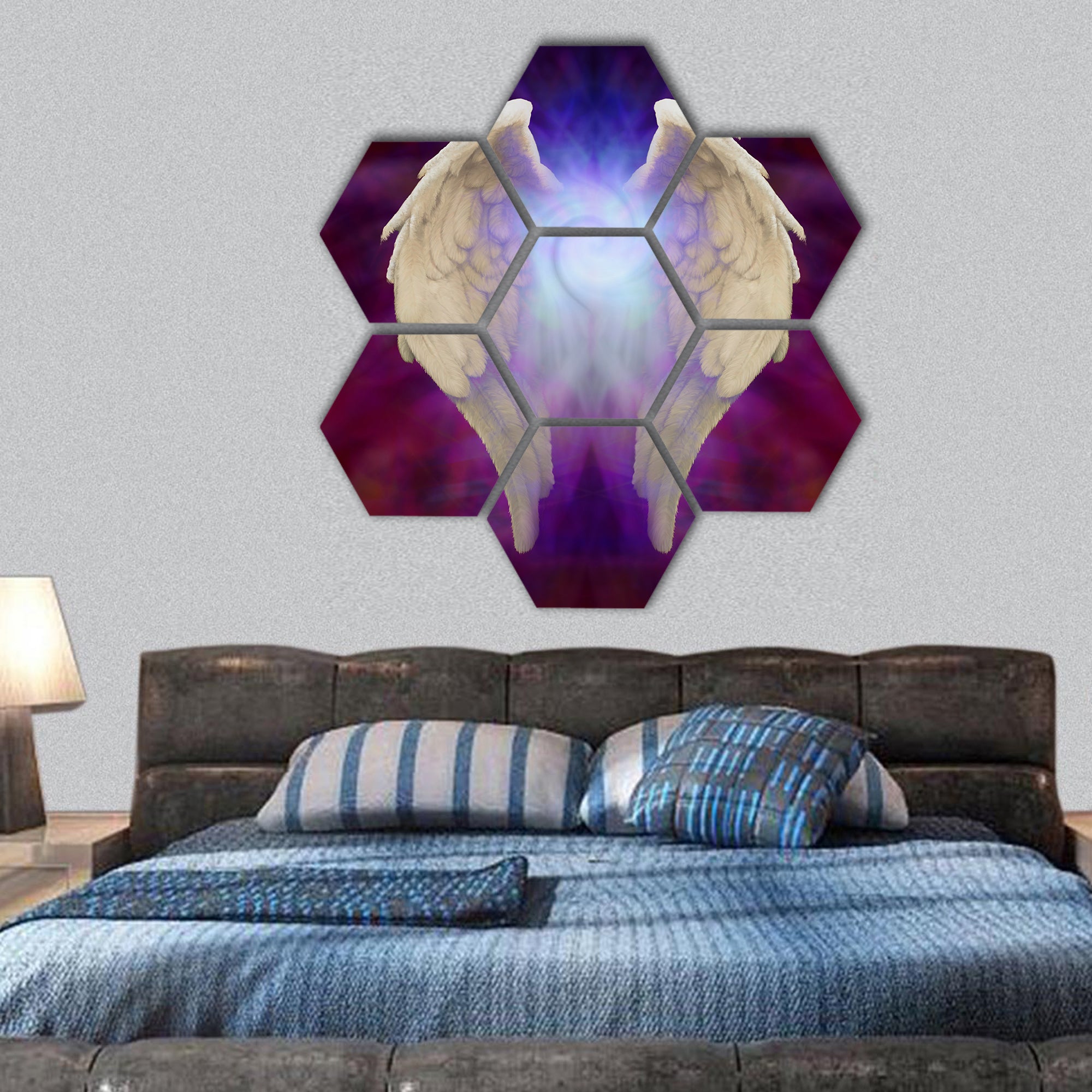 Angel Wings and Universal Spiral hexagonal canvas wall art