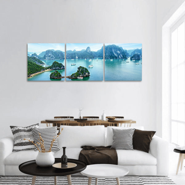 Tourist junks floating limestone rocks in Ha Long Bay Panoramic Canvas Wall Art