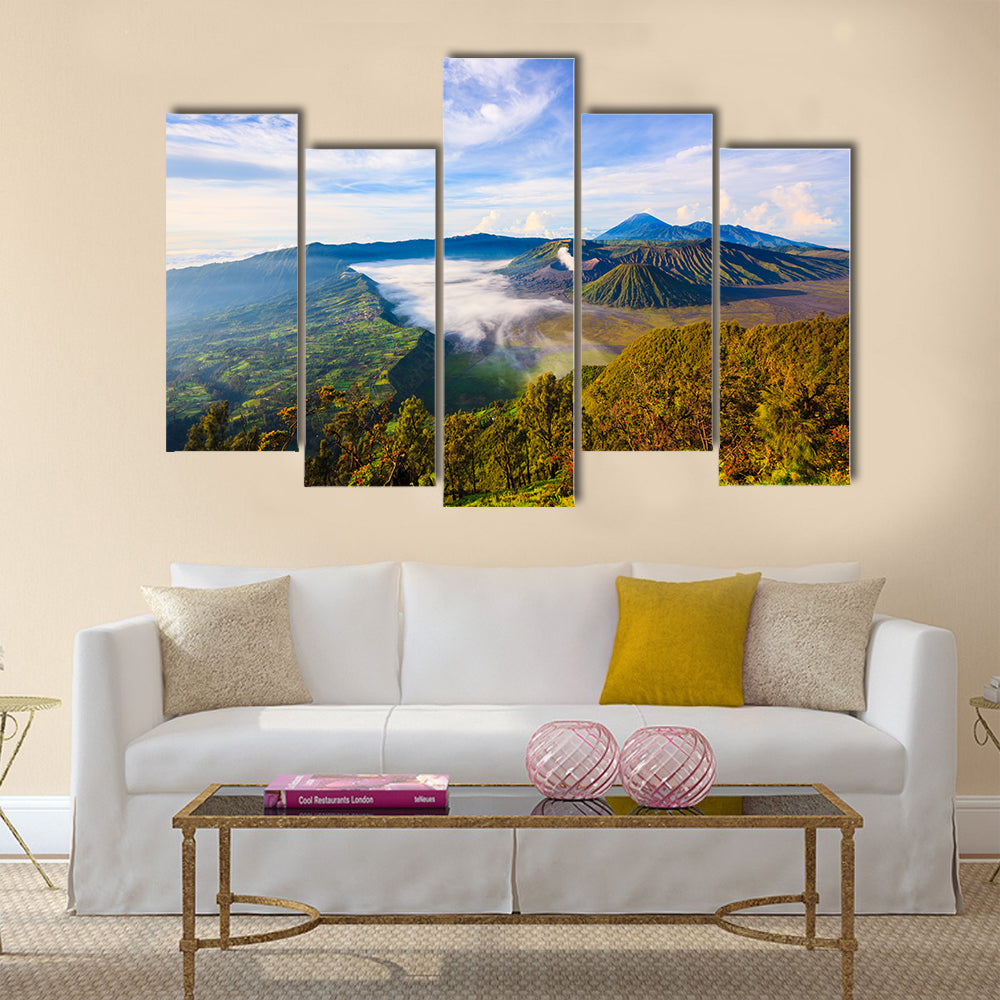 Bromo volcano at sunrise in Tengger Semeru national park, East Java, Indonesia multi panel canvas wall art