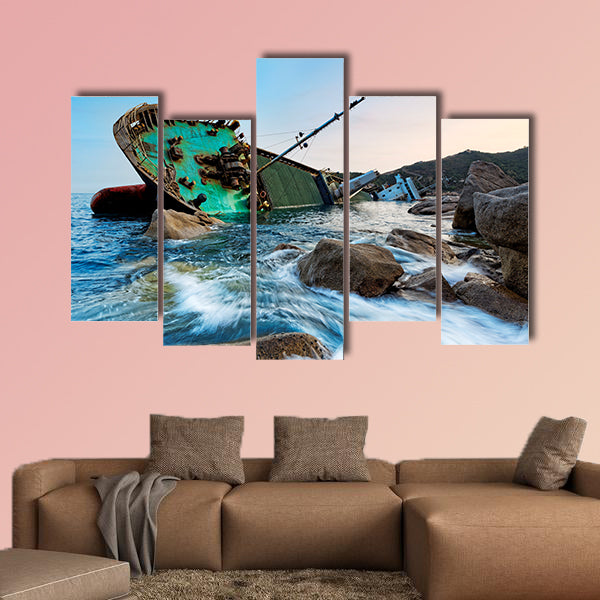 The shipwreck in Hong Kong on a seascape sunset multi panel canvas wall art