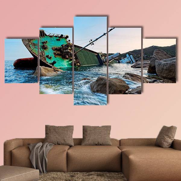 The shipwreck in Hong Kong on a seascape sunset multi panel canvas wall art