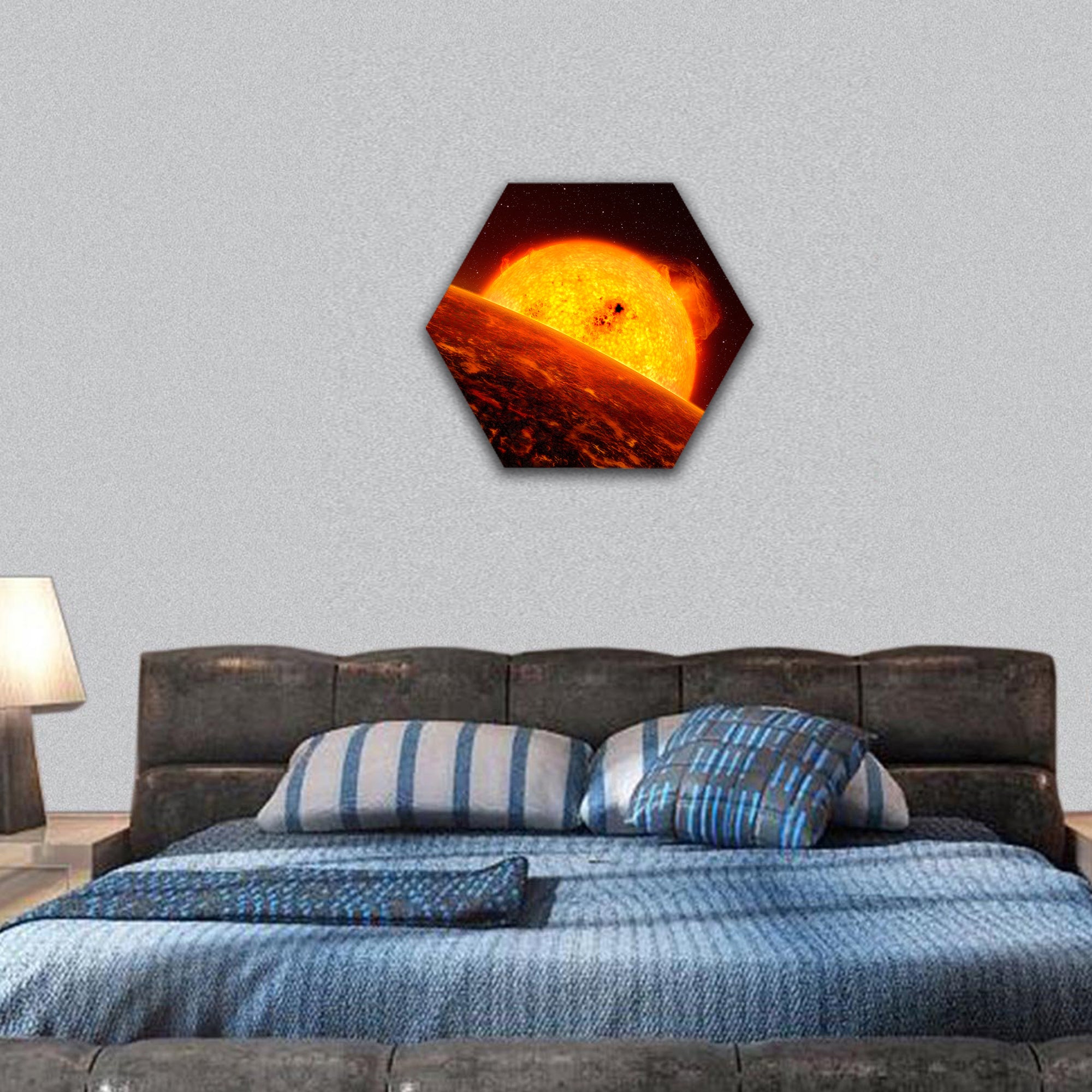 Red sun hexagonal canvas wall art