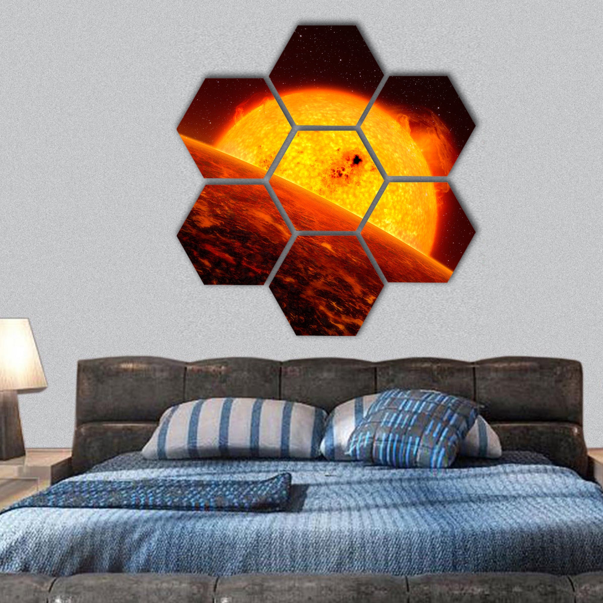 Red sun hexagonal canvas wall art