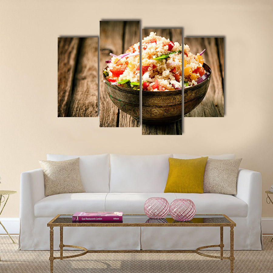 Heaped rustic bowl of savory quinoa with herbs, peppers and tomato Multi panel canvas wall art
