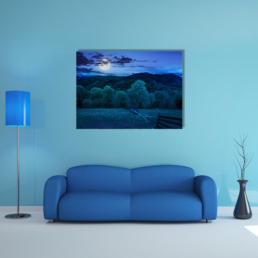 The Autumn Landscape With  A Fence Near The Meadow Path On The Hillside Multi Panel Canvas Wall Art