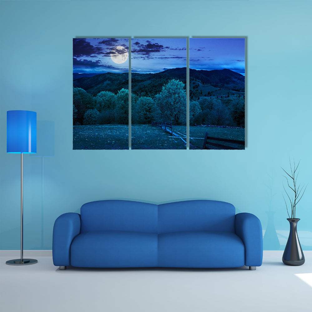 The Autumn Landscape With  A Fence Near The Meadow Path On The Hillside Multi Panel Canvas Wall Art