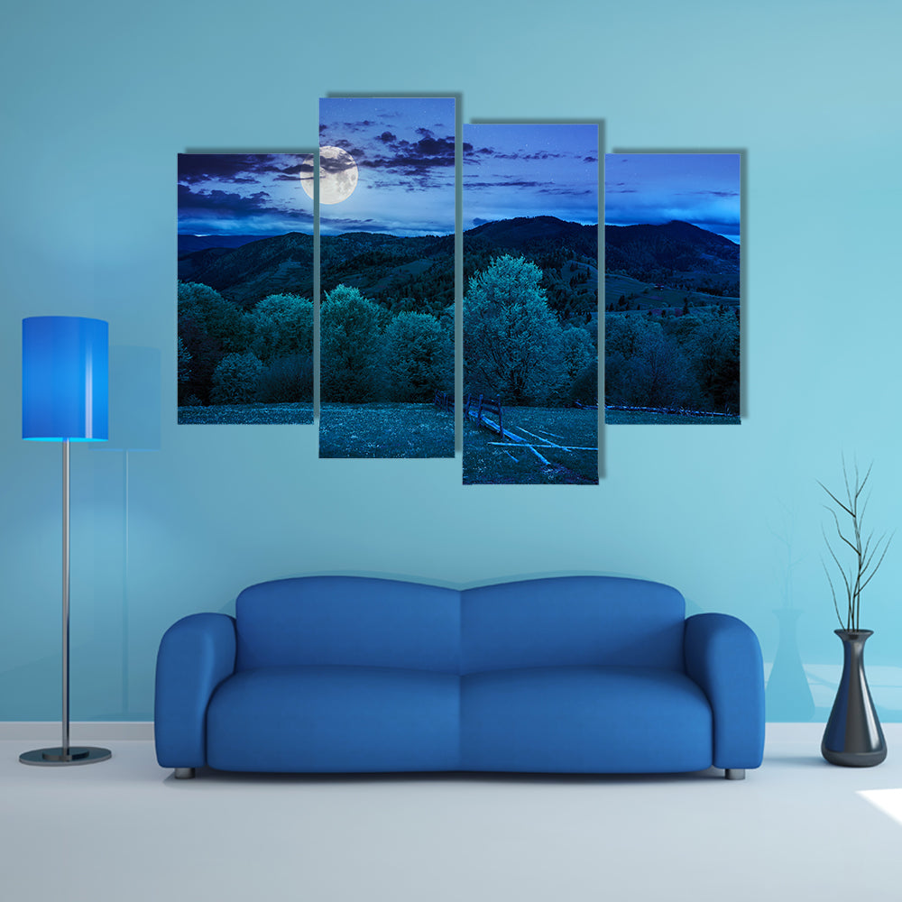 The Autumn Landscape With  A Fence Near The Meadow Path On The Hillside Multi Panel Canvas Wall Art