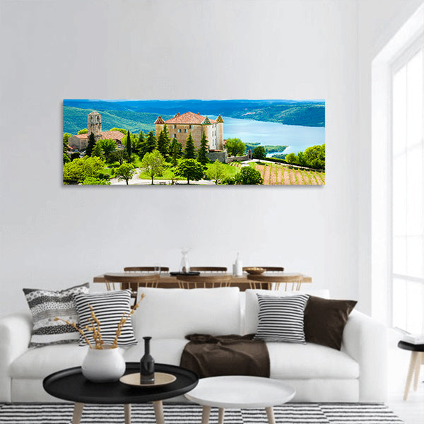 chateau and church in Aiguines and St Croix Lake France Panoramic Canvas Wall Art
