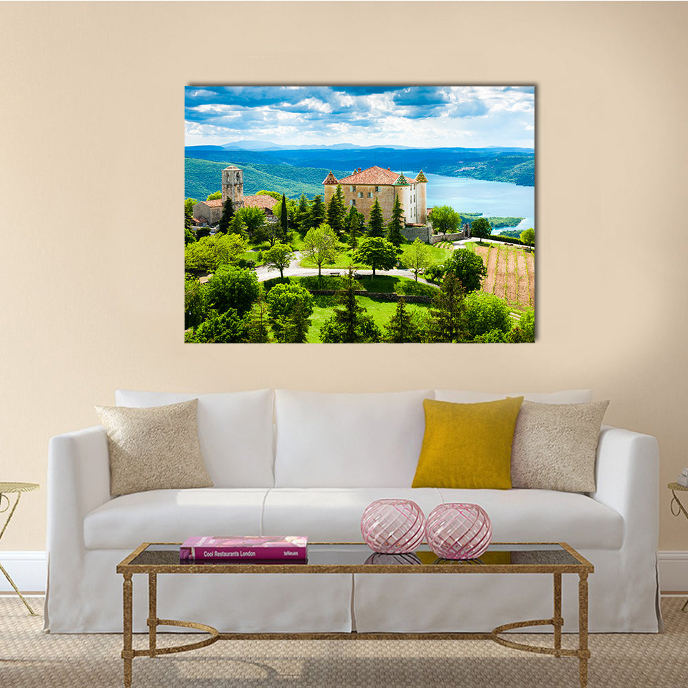 The chateau and church in Aiguines and St Croix Lake Var Department, Provence, France multi panel canvas wall art