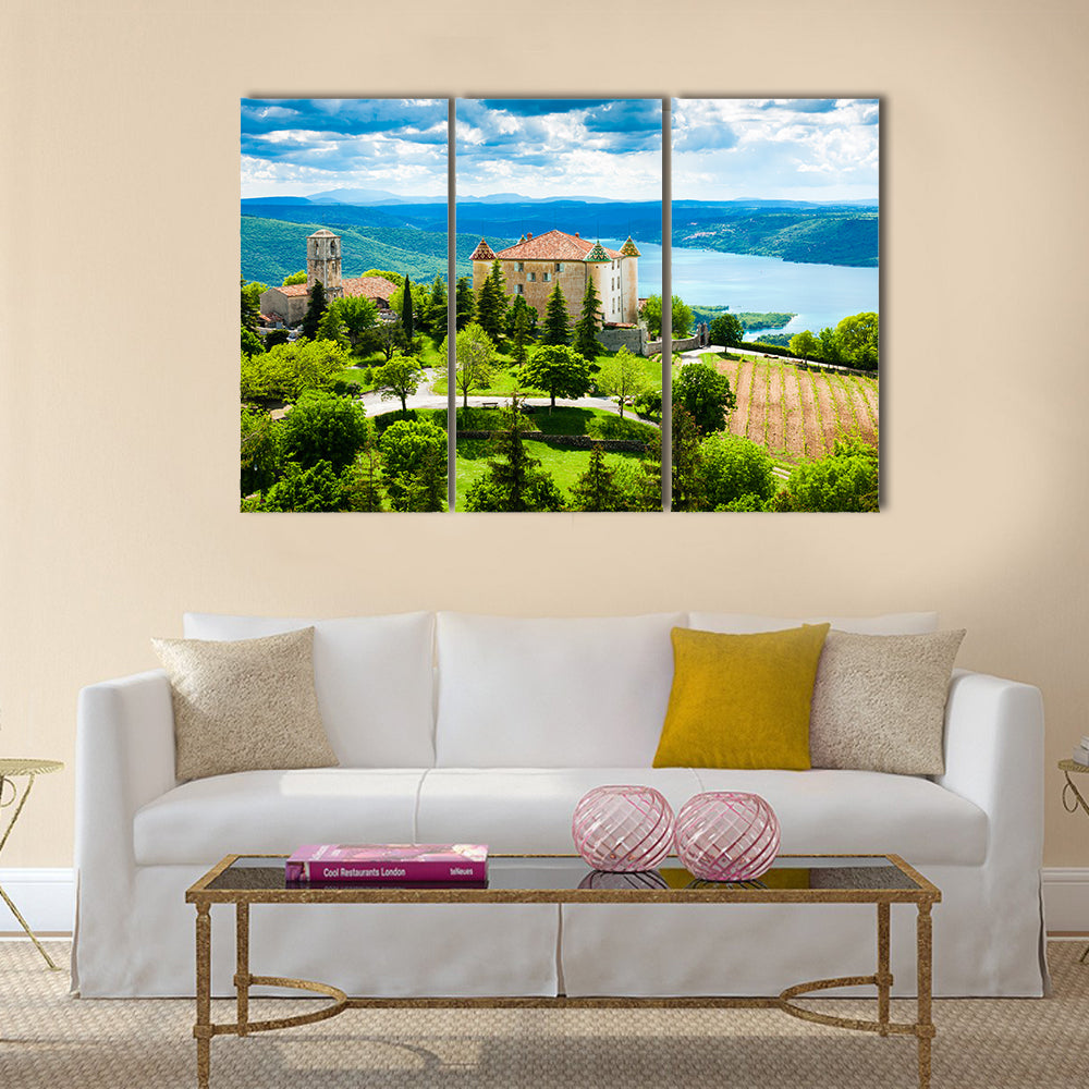 The chateau and church in Aiguines and St Croix Lake Var Department, Provence, France multi panel canvas wall art