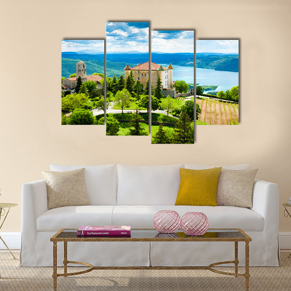 The chateau and church in Aiguines and St Croix Lake Var Department, Provence, France multi panel canvas wall art