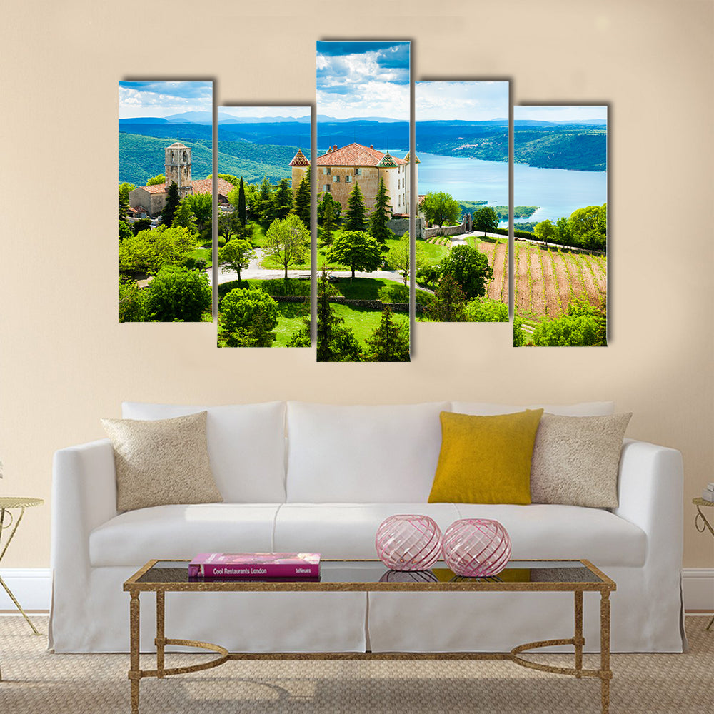 The chateau and church in Aiguines and St Croix Lake Var Department, Provence, France multi panel canvas wall art