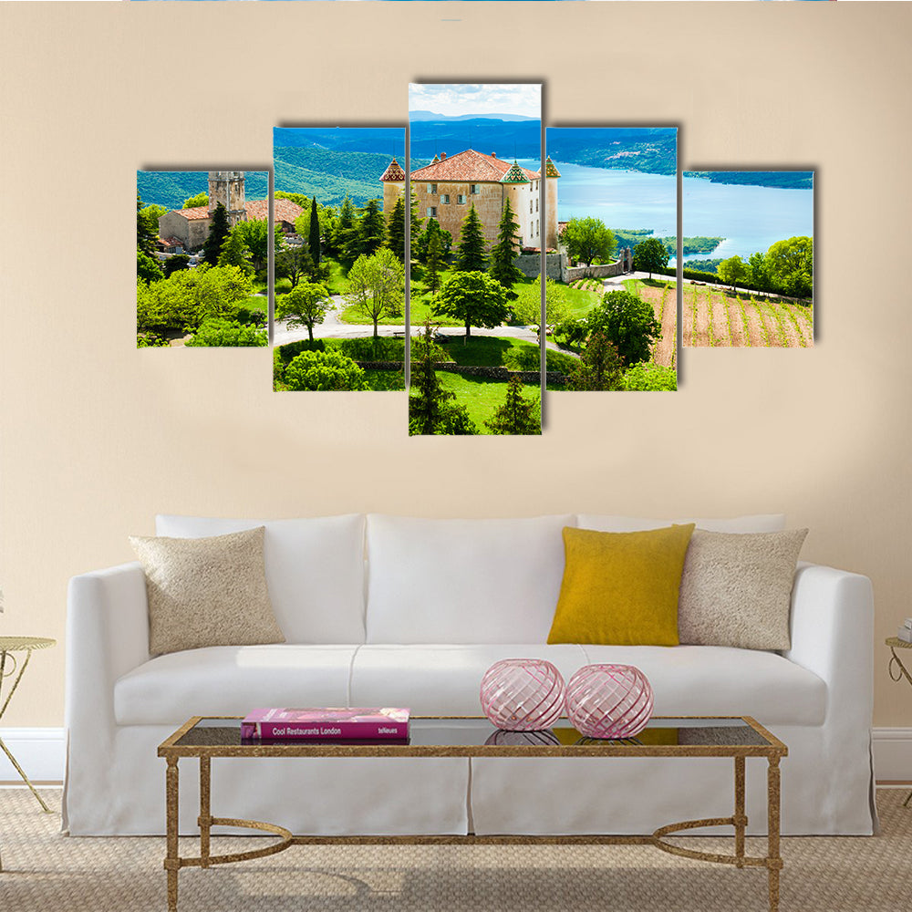 The chateau and church in Aiguines and St Croix Lake Var Department, Provence, France multi panel canvas wall art