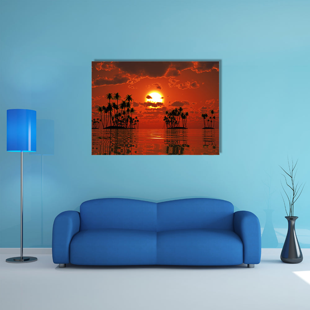 The Coconut Palms At Orange Sunset Over Tropical Sea Multi Panel Canvas Wall Art