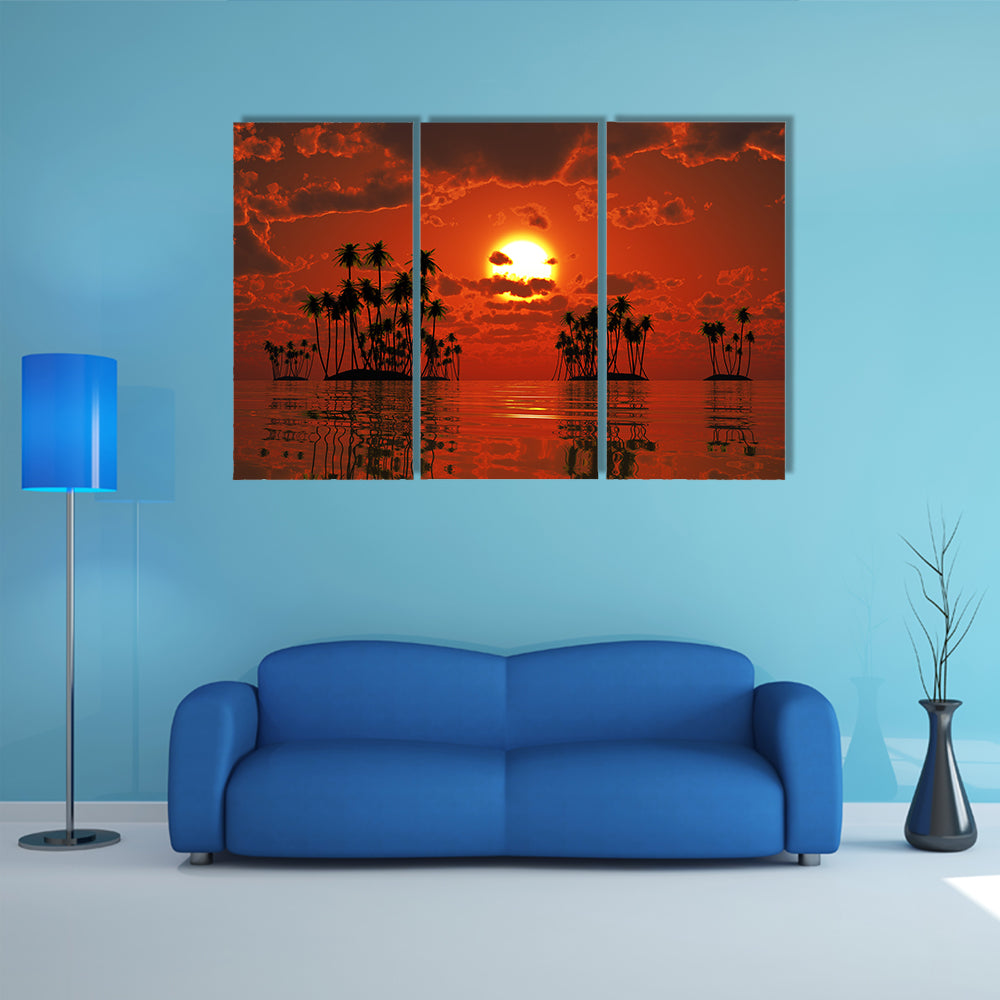 The Coconut Palms At Orange Sunset Over Tropical Sea Multi Panel Canvas Wall Art