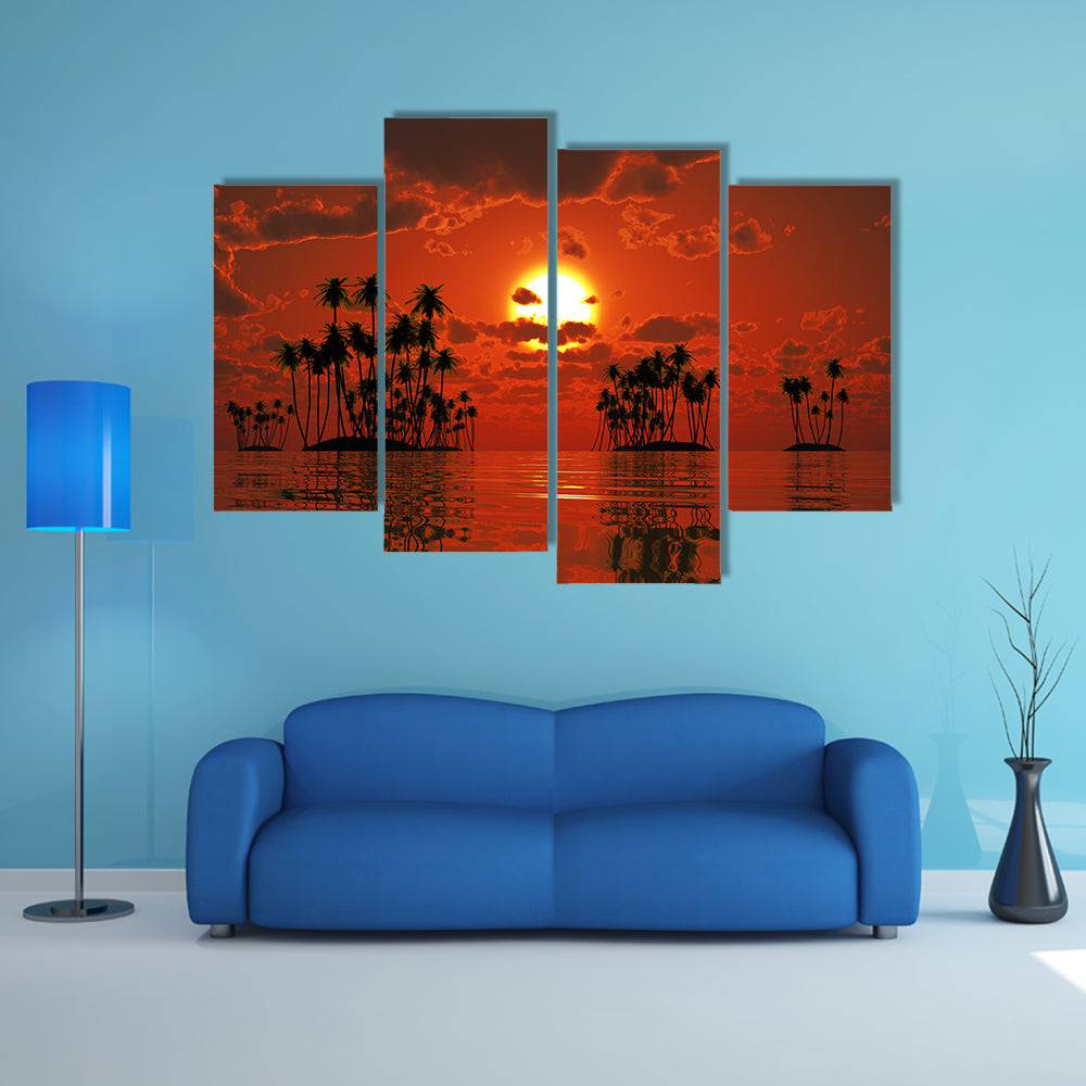 The Coconut Palms At Orange Sunset Over Tropical Sea Multi Panel Canvas Wall Art
