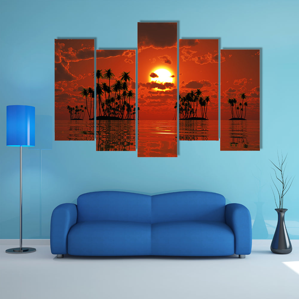 The Coconut Palms At Orange Sunset Over Tropical Sea Multi Panel Canvas Wall Art