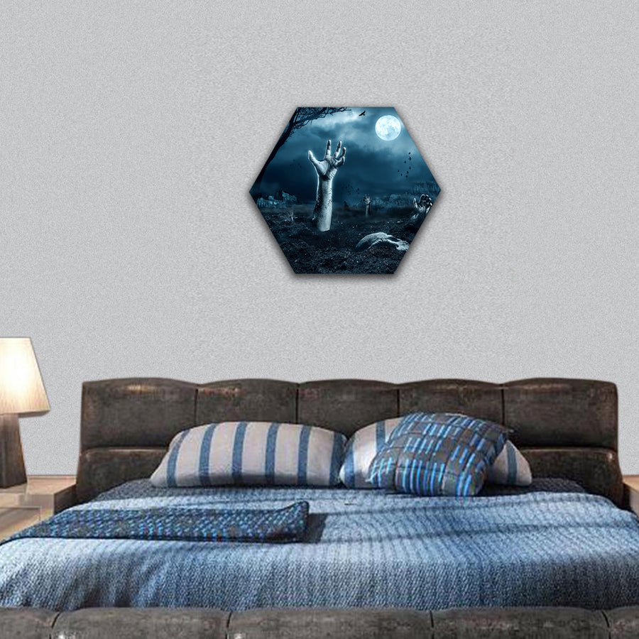 Zombie hand coming out of his grave hexagonal canvas wall art