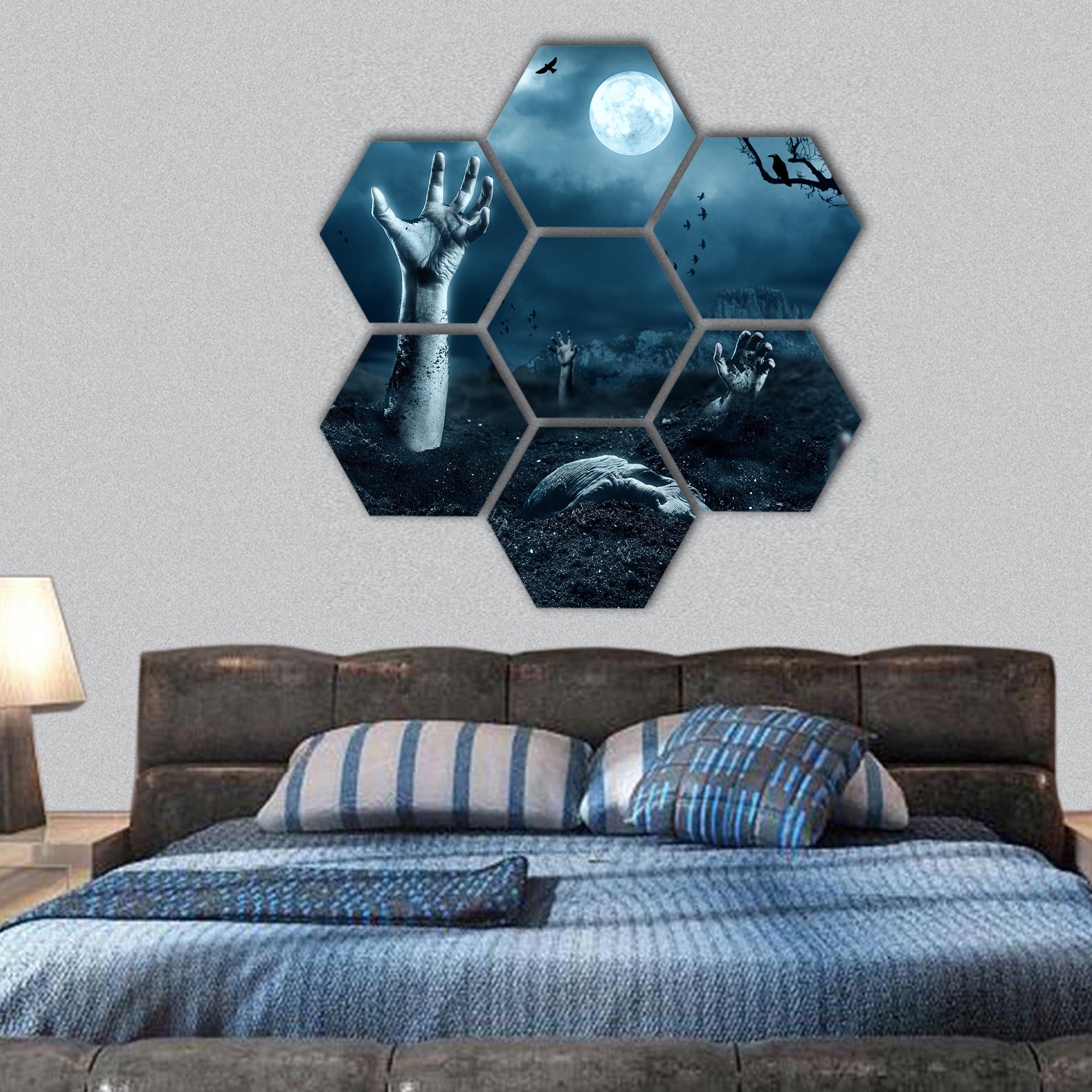 Zombie hand coming out of his grave hexagonal canvas wall art