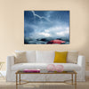 Black and red umbrellas under rain and thunderstorm Multi Panel Canvas Wall Art