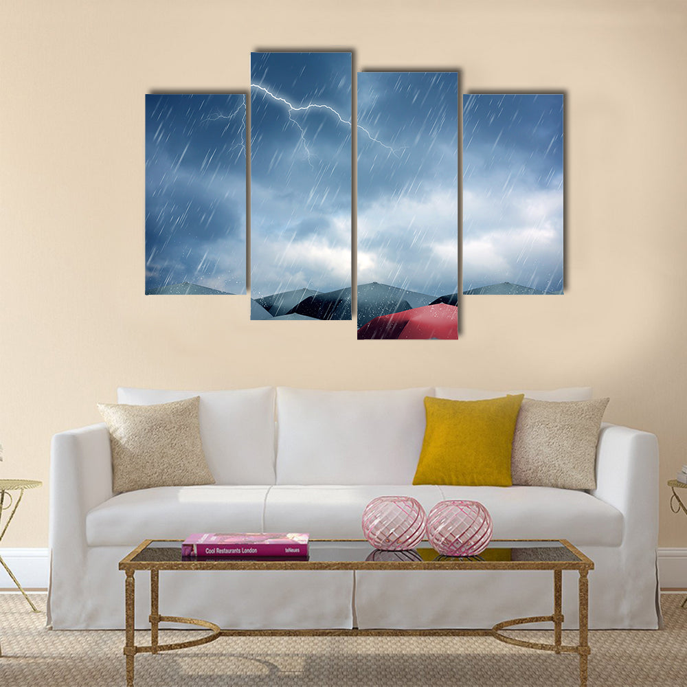 Black and red umbrellas under rain and thunderstorm Multi Panel Canvas Wall Art